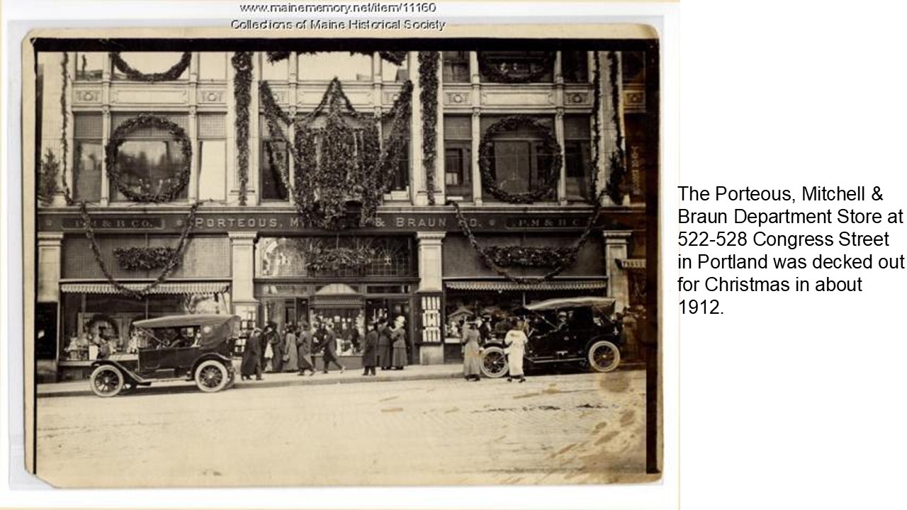 Porteous, Mitchell and Braun Co. decorated for Christmas circa 1912